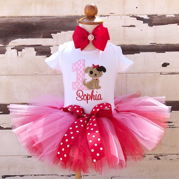 Puppy Tutu Outfit, First 1st Birthday Girl, Personalized Dog Bodysuit and Headband, Pink and Red