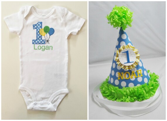 Balloon 1st Birthday Bodysuit And Party Hat Set Blue Green