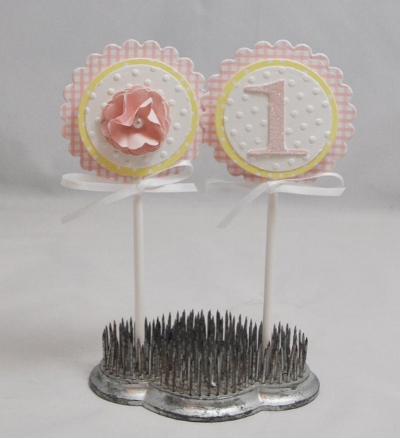 Gingham Floral Cupcake Toppers, Set of 12, Girl First 1st Birthday, Party Decor Decorations Il_570xn