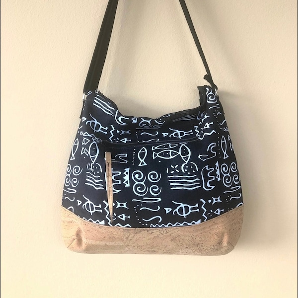 Crossbody Hobo Bag, Black Hobo Purse, Ethnic Print Handbag, Zipped Hobo Bag, Cork Purse, Medium Crossbody