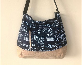 Crossbody Hobo Bag, Black Hobo Purse, Ethnic Print Handbag, Zipped Hobo Bag, Cork Purse, Medium Crossbody