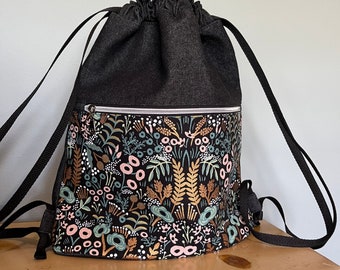 Floral Drawstring Backpack, Rifle Paper Floral Fabric, Woman, Lightweight Backpack, Summer Backpack, Travel Bag, Gift for her