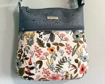 Cork Crossbody Bag, Rifle Paper Canvas Fabric, Floral Crossbody Purse, Zippered Bag, Fabric and Cork Hipster, Fabric Purse