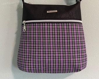 Cork Crossbody Bag, Purple Plaid Fabric Bag, Cotton Fabric Crossbody Bag, Black Purse, Zippered Bag, Fabric and Cork Hipster