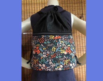 Floral Backpack, Rifle Paper Canvas Fabric, Drawstring Black Backpack, Lightweight Bag, Summer Backpack