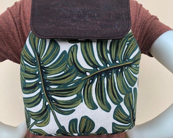 Woman Fabric Backpack, Brown Cork Backpack, Monstera Leaves Backpack, Rifle Paper Co Fabric, Small Women Backpack