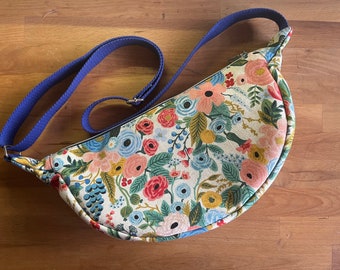 Crescent Floral Fabric Bag, Trendy Half Moon Bag, Floral Dumpling Hobo Handbag, Rifle Paper Fabric Crossbody Bag, Gift for Mom