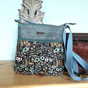 Cork Crossbody Bag, Rifle Paper Canvas Fabric, Floral Crossbody Purse, Zippered Bag, Fabric and Cork Hipster, Fabric Purse image 3