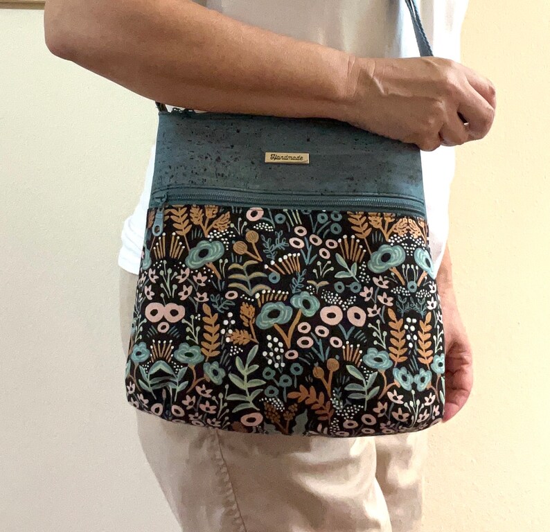 Cork Crossbody Bag, Rifle Paper Canvas Fabric, Floral Crossbody Purse, Zippered Bag, Fabric and Cork Hipster, Fabric Purse image 1