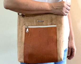 Crossbody Cork Bag, Beige and Burnt Orange Bag, Vegan Handbag, Crossbody Bag, Lightweight Purse, Zipper Closure Purse, Medium Cork Bag