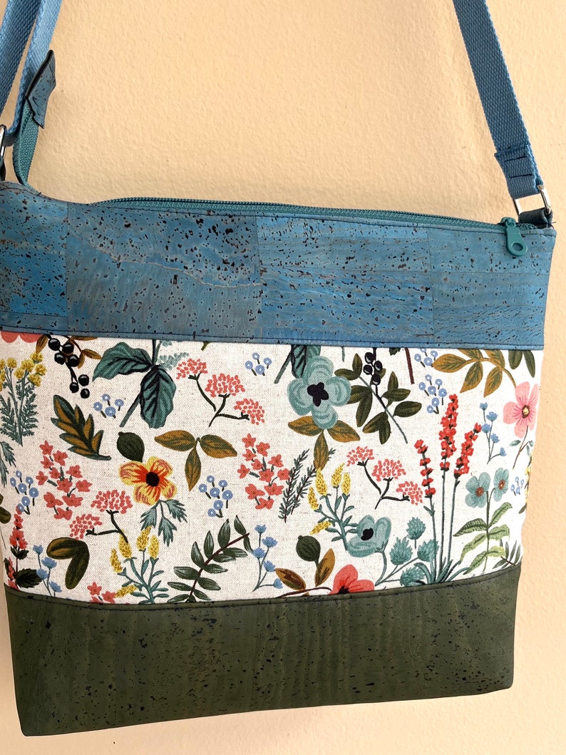 Cork and Canvas Crossbody Bag, Rifle Paper Fabric Purse, Floral Purse, Zippered Bag, Fabric and Cork Handbag, Fabric Purse, gift for her image 6