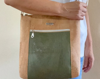 Crossbody Cork Bag, Beige and Olive Green Bag, Vegan Handbag, Crossbody Bag, Lightweight Purse, Zipper Closure Purse, Medium Cork Bag