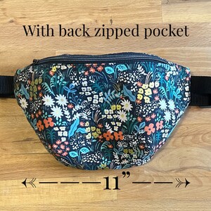 Rifle Paper Co Floral Fabric Fanny with back pocket, Canvas Fabric Fanny Pack, Hip Bag, Small Fanny Bag, Lined Fanny, Women Fanny, Meadow 11”w x 6” h inches
