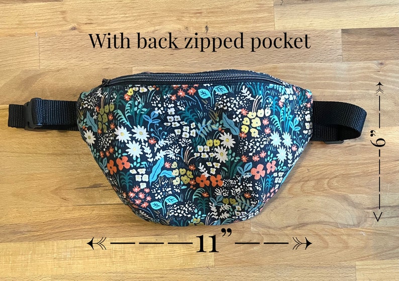 Rifle Paper Co Floral Fabric Fanny with back pocket, Canvas Fabric Fanny Pack, Hip Bag, Small Fanny Bag, Lined Fanny, Women Fanny, Meadow 11”w x 6” h inches