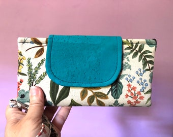 Floral Fabric Women Wallet, Rifle Paper Co Fabric, Blue Cork Flap, Blue Wallet, Wrist Strap included, Removable Strap, Clear ID Pocket