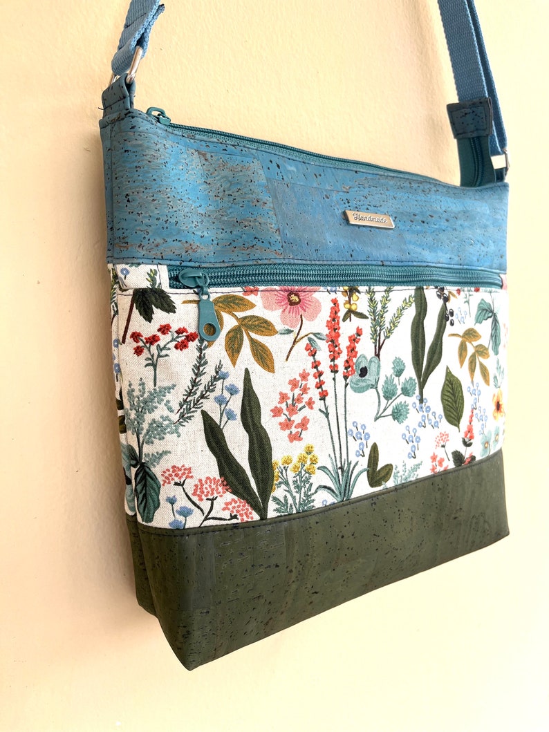 Cork and Canvas Crossbody Bag, Rifle Paper Fabric Purse, Floral Purse, Zippered Bag, Fabric and Cork Handbag, Fabric Purse, gift for her image 3