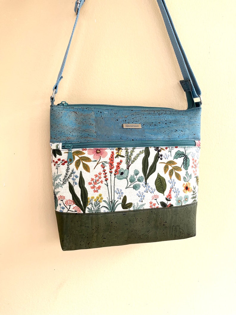 Cork and Canvas Crossbody Bag, Rifle Paper Fabric Purse, Floral Purse, Zippered Bag, Fabric and Cork Handbag, Fabric Purse, gift for her image 2