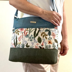 Cork and Canvas Crossbody Bag, Rifle Paper Fabric Purse, Floral Purse, Zippered Bag, Fabric and Cork Handbag, Fabric Purse, gift for her image 1