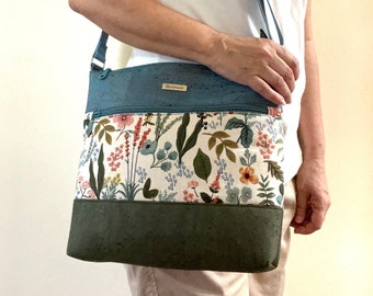 Cork and Canvas Crossbody Bag, Rifle Paper Fabric Purse, Floral Purse, Zippered Bag, Fabric and Cork Handbag, Fabric Purse, gift for her