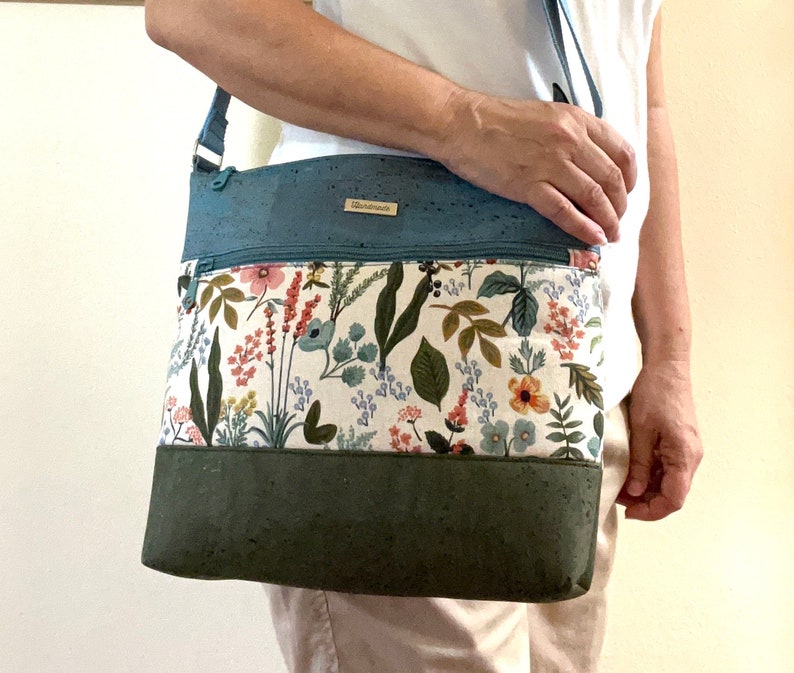 Cork and Canvas Crossbody Bag, Rifle Paper Fabric Purse, Floral Purse, Zippered Bag, Fabric and Cork Handbag, Fabric Purse, gift for her image 1