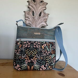 Cork Crossbody Bag, Rifle Paper Canvas Fabric, Floral Crossbody Purse, Zippered Bag, Fabric and Cork Purse, Dark Floral Crossbody