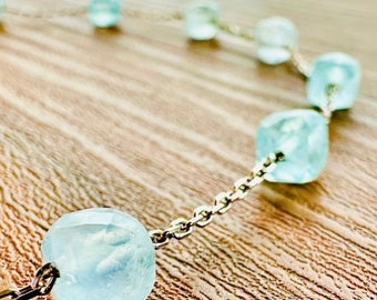 Genuine Aquamarine Necklace and Bracelet set. Unique, elegant and minimalist, designed using handmade Aquamarine and 925 sterling silver.