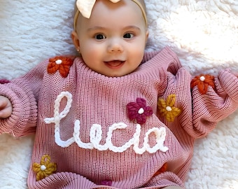 Suéter personalizado con nombre de bebé de punto a mano, suéter bordado con nombre de bebé, suéter de bebé con nombre, regalo personalizado para niña, regalo de baby shower