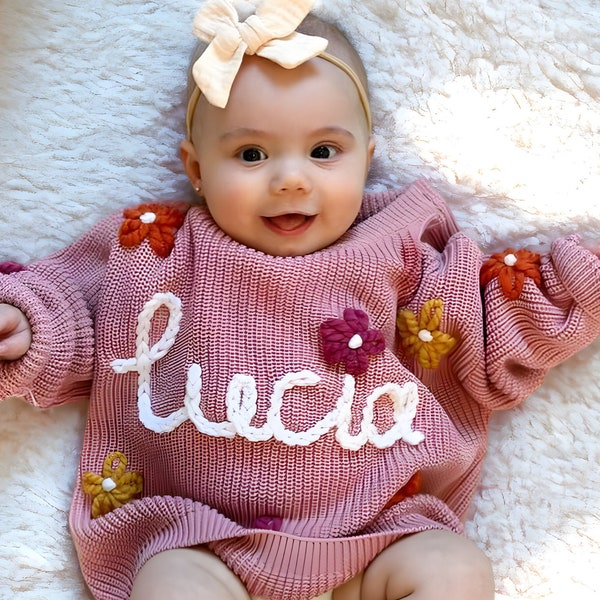 Personalized Hand Knit Baby Name Sweater, Embroidered Baby Name Sweater, Baby Sweater With Name, Custom Gift For Baby Girl, Baby Shower Gift