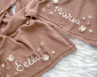 Personalized Hand Knit Baby Name Blanket, Custom Name Baby Blanket, Embroidered Baby Blanket, Baby shower Gift, Soft Knit Cotton Blanket
