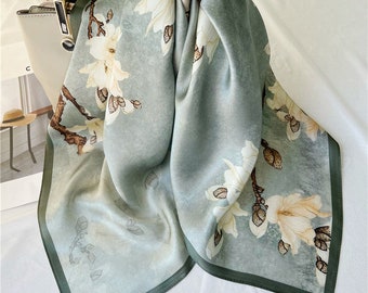 Silk square Scarf, 100% silk scarf, Magnolia flower, Women's Scarf, Headscarf