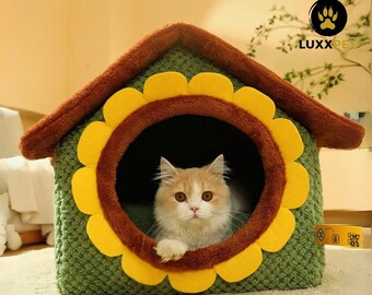 Sunflower Cat Cave | Cute Cat & Dog Bed | Pet Furniture | Wool Cat House | Cozy Bed for Large Cats | Handmade Pet Accessories