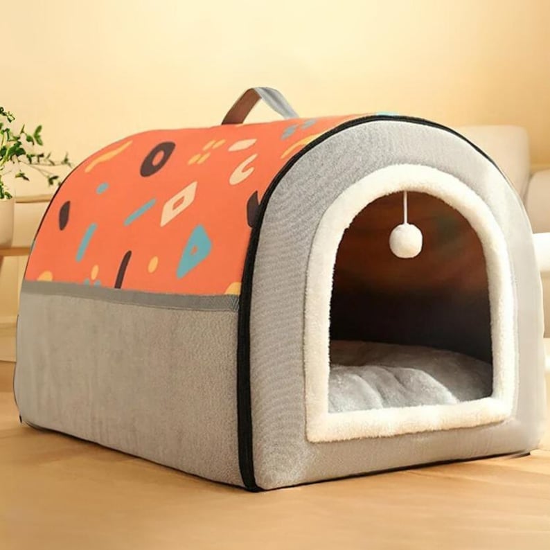 Cozy Dog Den Cat Cave Soft Orthopaedic Covered Dog or Cat House Warm Pet Igloo Ideal for Older Cats and Dogs Pomarańczowy