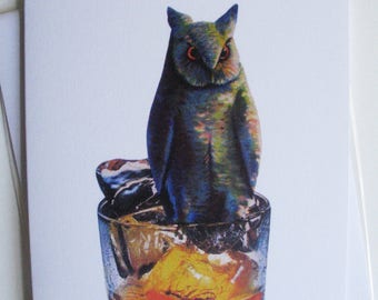 Owl on Whiskey Rocks Cocktail Glass Greeting Card
