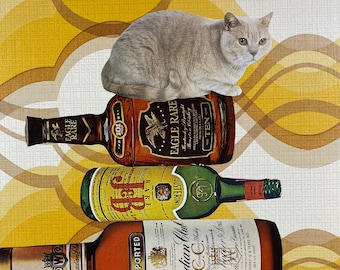 Katze sitzt auf Flaschenstapel & Vintage Cabrio Collage-Original Kunst-Vater / Muttertag-Einweihungsgeschenk-Hochzeitsgeschenk-Geburtstag
