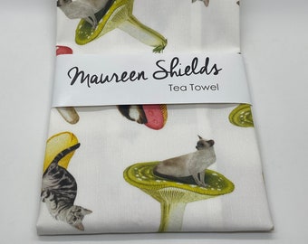 Cats on Mushrooms Tea Towel~Kitchen Towel~Cotton Linen~Housewarming Gift~Mother'sDay~Bridal~Birthday