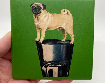 Pug on Shot Glass Coaster-Ceramic/Cork Backed-Housewarming/Holiday Gift-Valentine's Day