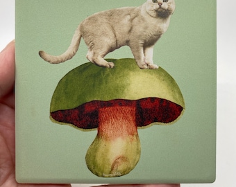 Cat on Mushroom Coaster-Ceramic/Cork Backed-Housewarming/Holiday Gift