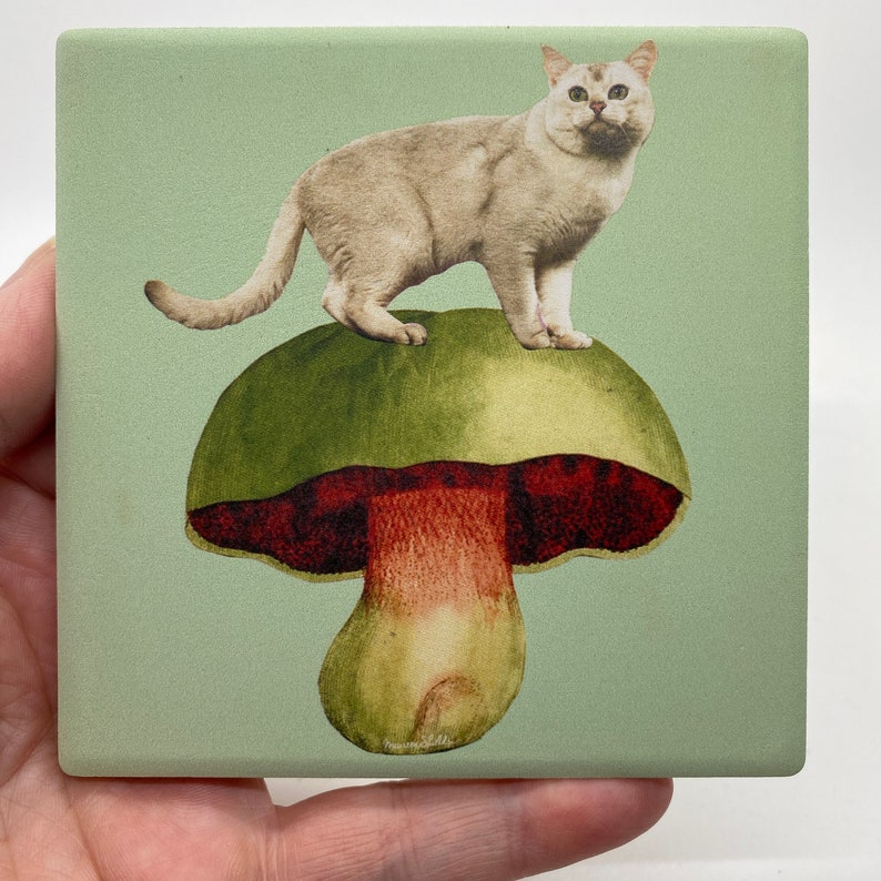 Cat on Mushroom Coaster-Ceramic/Cork Backed-Housewarming/Holiday Gift image 1