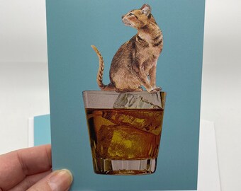 Orange Tabby Cat on Low Ball Whiskey Glass Greeting Card-Vintage Cocktail Glass