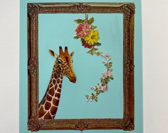 Gerahmte Giraffe & Blumen Original Collage Kunst-Vater/Muttertag-Einweihungsgeschenk-Hochzeitsgeschenk