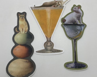 3 Pack! Cat on Martini/Orange Cocktail/Colored Stones Vinyl Stickers-Stocking Stuffer