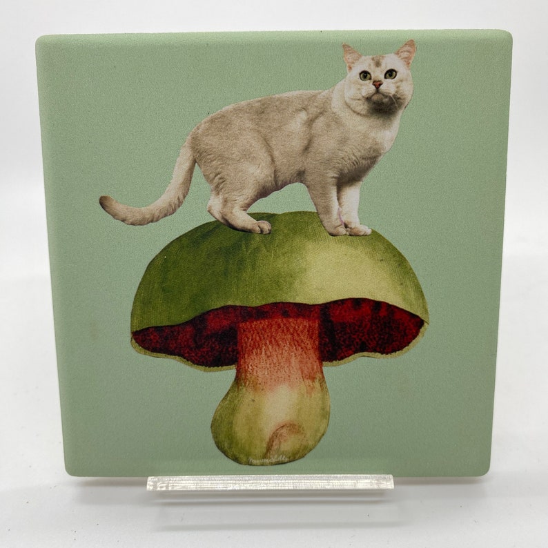 Cat on Mushroom Coaster-Ceramic/Cork Backed-Housewarming/Holiday Gift image 6
