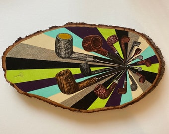 Pipe Swirl Oval Bark-Original Mixed Media on Wood-Father's Day Gift-Shower-Housewarming Birthday Gift