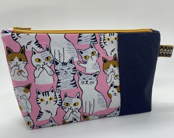 Zipper Pouch-Pink Cute Cat Pattern-Hold Everything Hand Sewn Pouch-Housewarming-Holiday-Mother's Day Gift-Stocking Stuffer