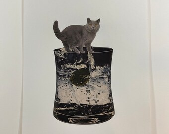 Grey Cat Sitting on Low Ball Cocktail Glass-Original Collage Art-Father's/Mother's Day-Housewarming Gift-Wedding Gift-Birthday