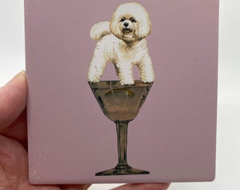 Bichon Frise Dog on Martini Coaster-Ceramic/Cork Backed-Housewarming/Holiday Gift