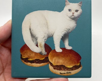 Cat on Hamburgers Coaster-Ceramic/Cork Backed-Housewarming/Holiday Gift