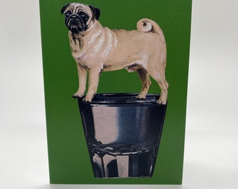 Pug on Shotglass Greeting Card-Vintage Cocktail Glass