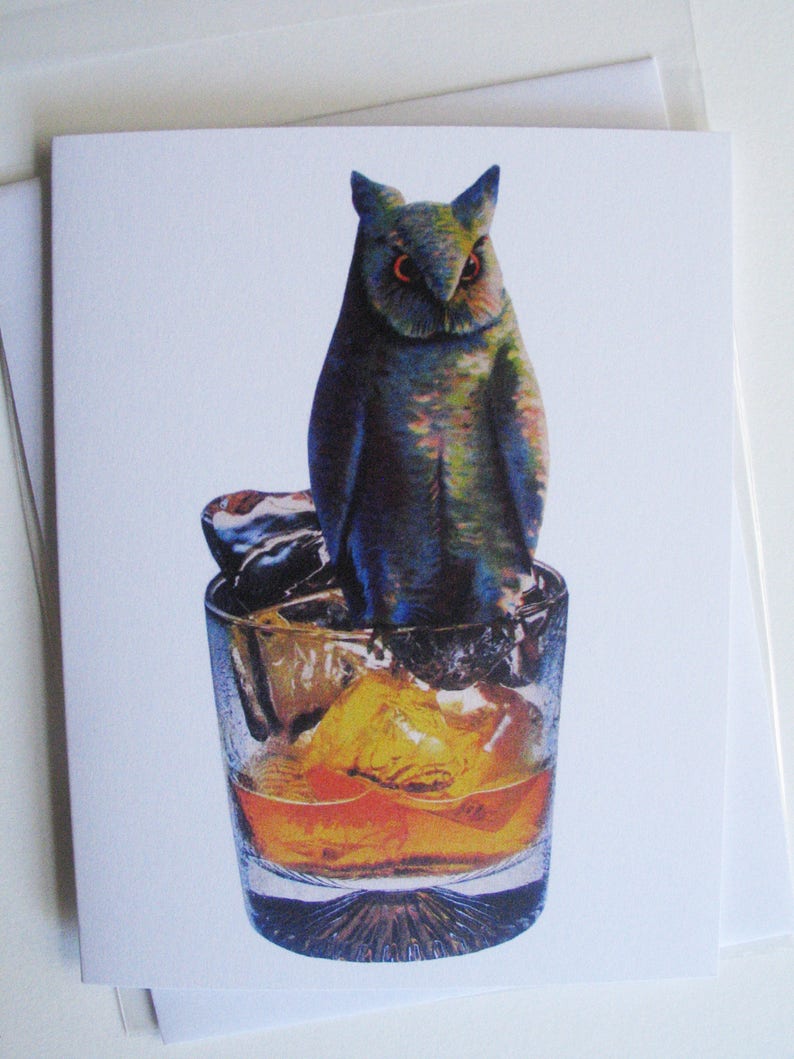 Owl on Whiskey Rocks Cocktail Glass Greeting Card image 1