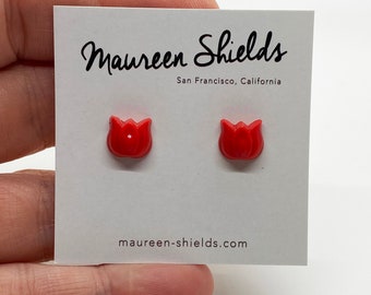 Earrings: Pair of Red Tulip Flower Vintage Glass Studs-Stocking Stuffer-Mother's Day-Birthday Gift
